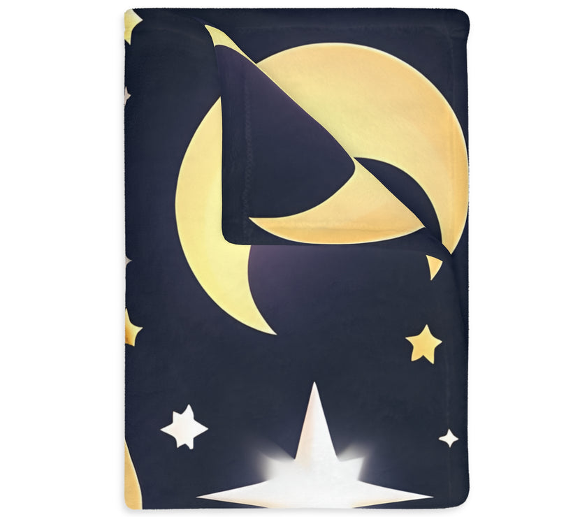 Blanket, Gold Moon and Stars Print, Soft Velveteen Microfiber Throw, Celestial Home Decor, Cozy Bedroom Accent, Night Sky Galaxy Design,