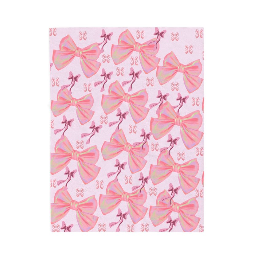 Velveteen Plush Blanket, Cozy Pink Bow Blanket, Soft Fleece Throw, Warm Bedding, Girly Bedroom Decor, Gift for Her