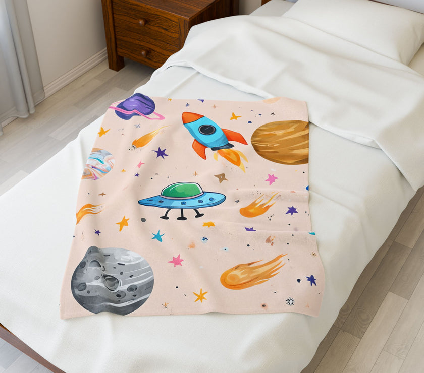 Kids Space Ship Rocket Moon Velveteen Plush Blanket - Children's Bedroom Decor, Outer Space Theme, Galaxy Nursery Bedding, Celestial Throw