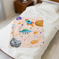 Kids Space Ship Rocket Moon Velveteen Plush Blanket - Children's Bedroom Decor, Outer Space Theme, Galaxy Nursery Bedding, Celestial Throw