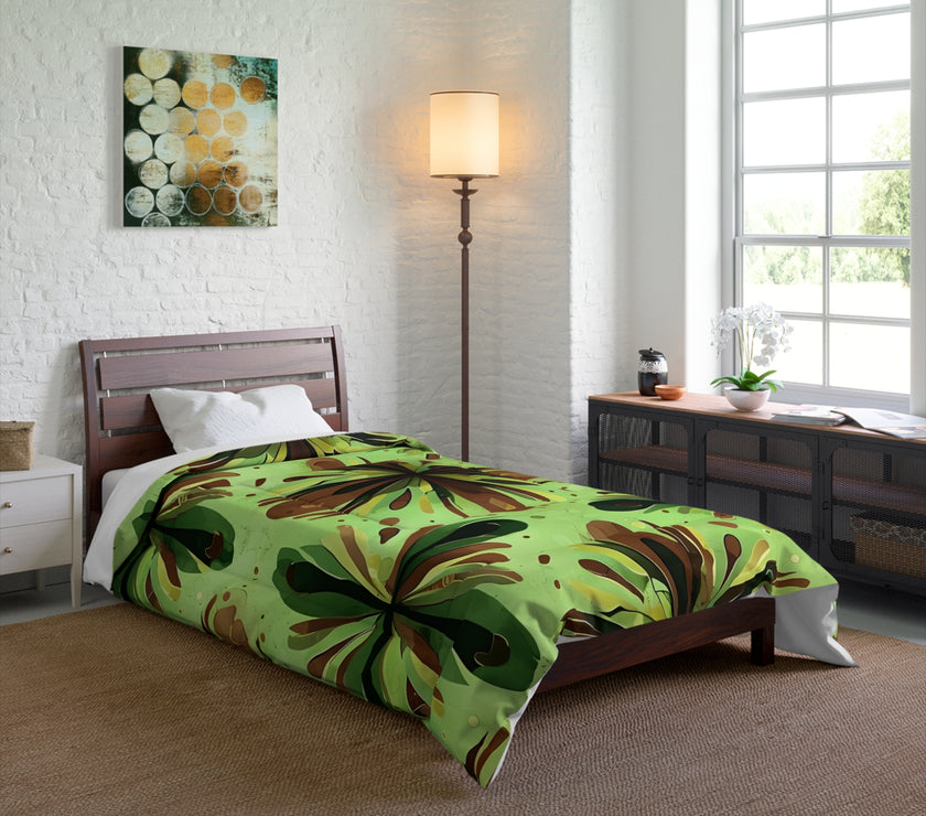 Eco-Friendly Floral Comforter, Nature-Inspired Bedding, Cozy Home Decor, Gift for Plant Lovers, Green and Brown Design