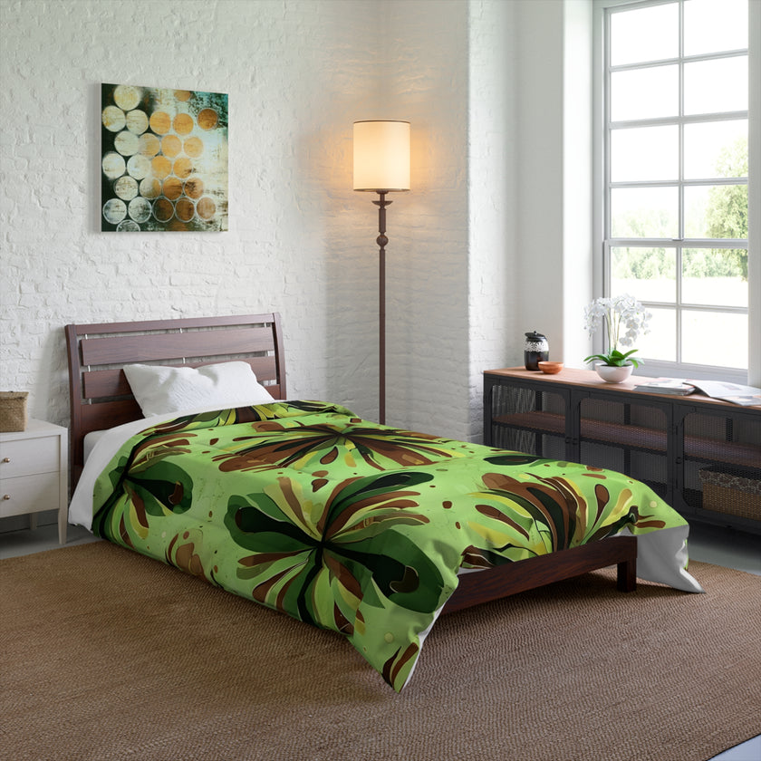 Eco-Friendly Floral Comforter, Nature-Inspired Bedding, Cozy Home Decor, Gift for Plant Lovers, Green and Brown Design