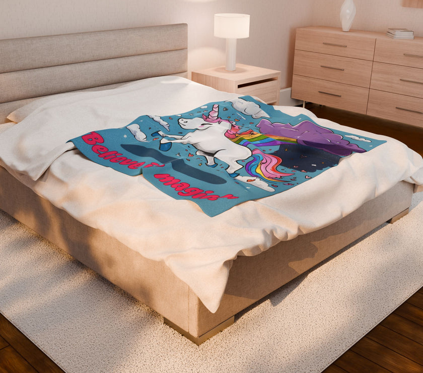 Blue Rainbow Unicorn Velveteen Plush Blanket