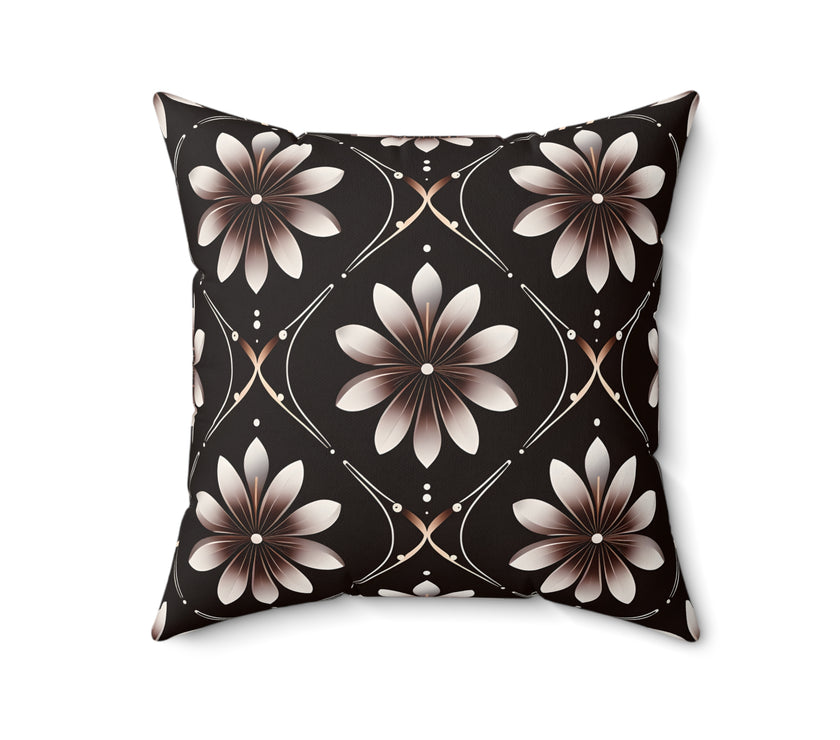 Black Floral Faux Suede Square Pillow
