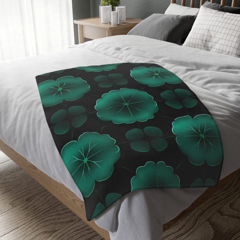 Green Jade Floral Velveteen Microfiber Blanket (Two-sided print)