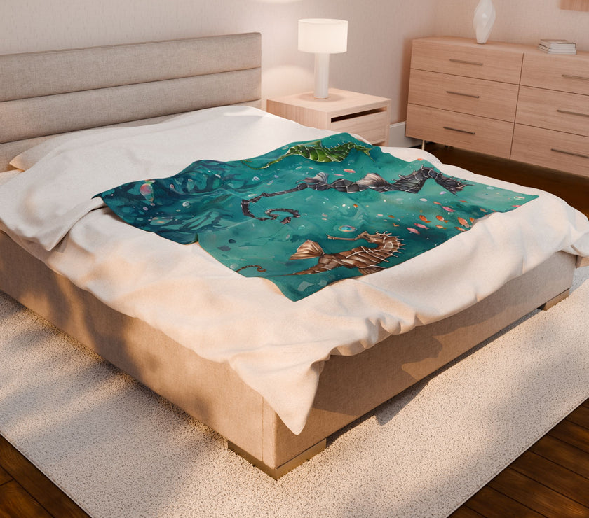 Velveteen Plush Blanket, Sea Horse Kids Blanket, Green Blue Blanket, Ocean Theme Throw, Children's Bedroom Decor, Cozy Nursery Bedding