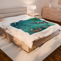 Velveteen Plush Blanket, Sea Horse Kids Blanket, Green Blue Blanket, Ocean Theme Throw, Children's Bedroom Decor, Cozy Nursery Bedding