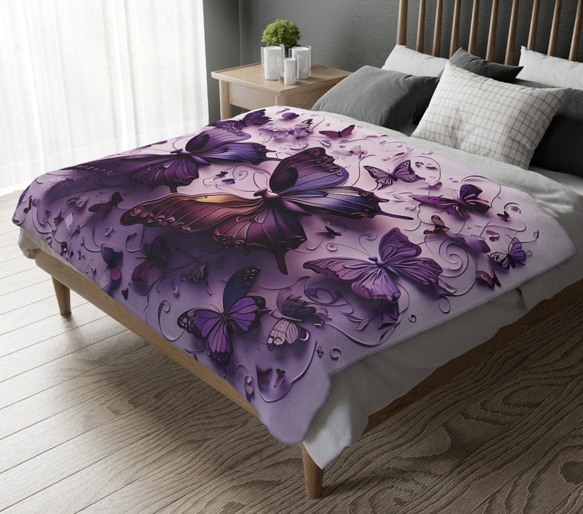 Purple Butterfly Blanket - Ultra Soft Velveteen Microfiber Throw, Reversible Print, Cozy Bedding, Home Decor, Gift for Her, Butterfly Lover,