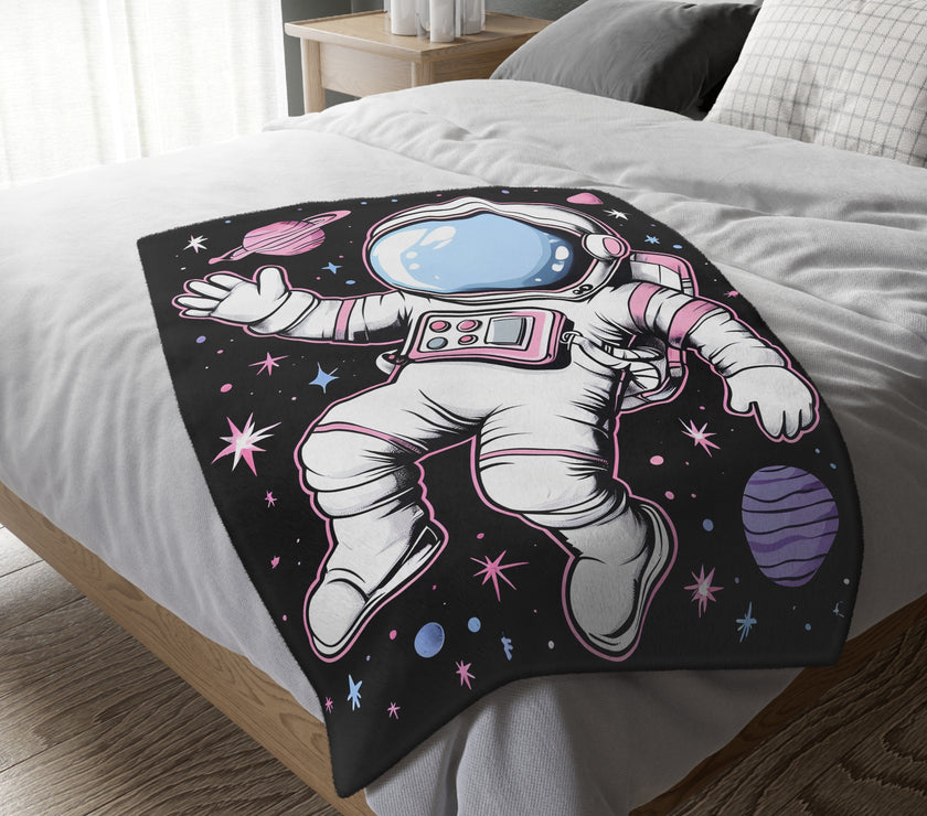 Kids Blanket, Astronaut Spaceman Print, Two-Sided Velveteen Microfiber Throw, Children's Bedroom Decor, Outer Space Theme Bedding, Galaxy