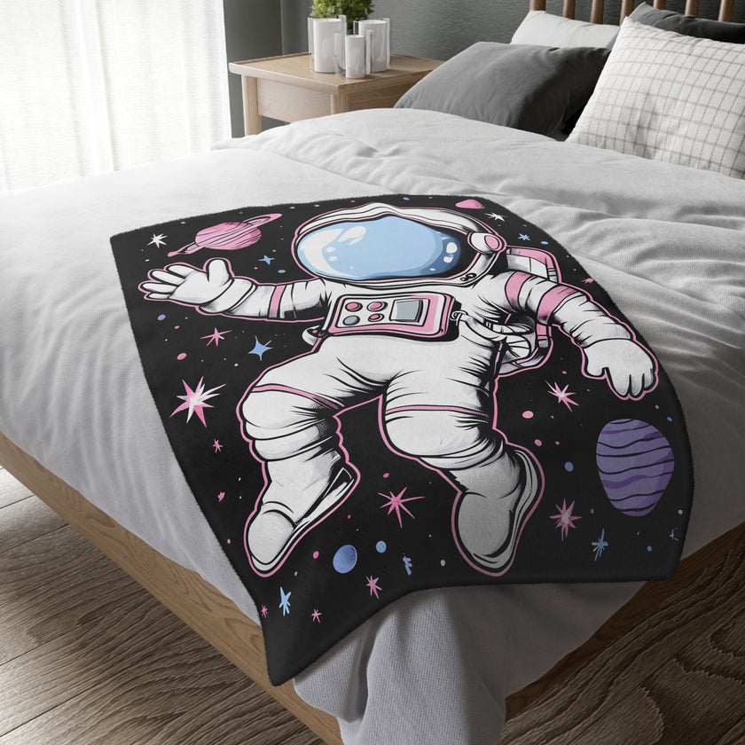 Kids Blanket, Astronaut Spaceman Print, Two-Sided Velveteen Microfiber Throw, Children's Bedroom Decor, Outer Space Theme Bedding, Galaxy