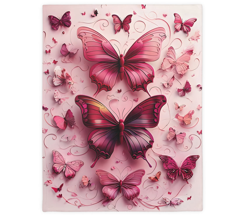 Pink Butterfly  Velveteen Microfiber Blanket (Two-sided print)