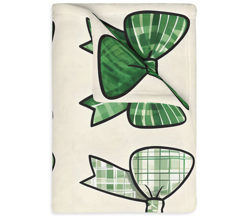 Velveteen Microfiber Blanket, Green Bow Blanket. Double-Sided Print, Soft Plush Throw for Cozy Nights, Christmas Blanket. Holiday Gift Idea,