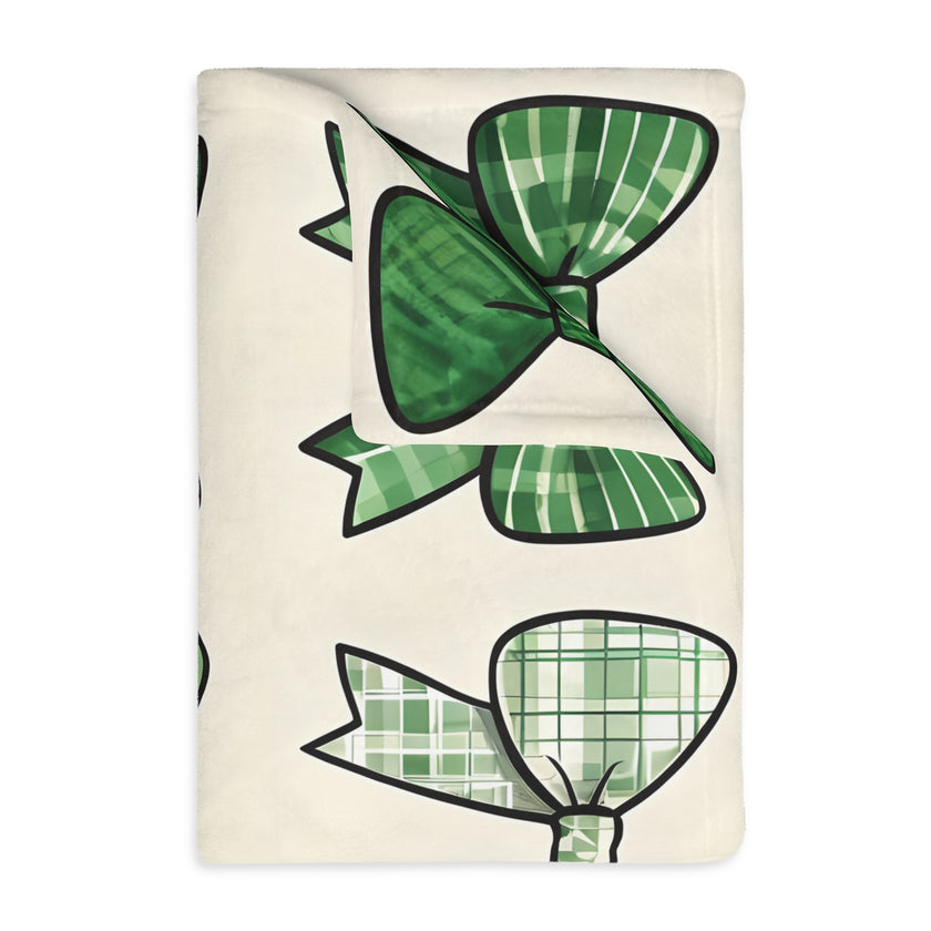 Velveteen Microfiber Blanket, Green Bow Blanket. Double-Sided Print, Soft Plush Throw for Cozy Nights, Christmas Blanket. Holiday Gift Idea,