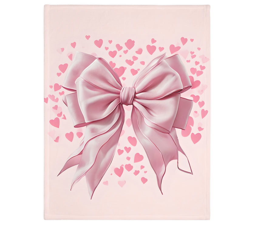 Pink Bow . Pink Heart Velveteen Microfiber Blanket (Two-sided print)