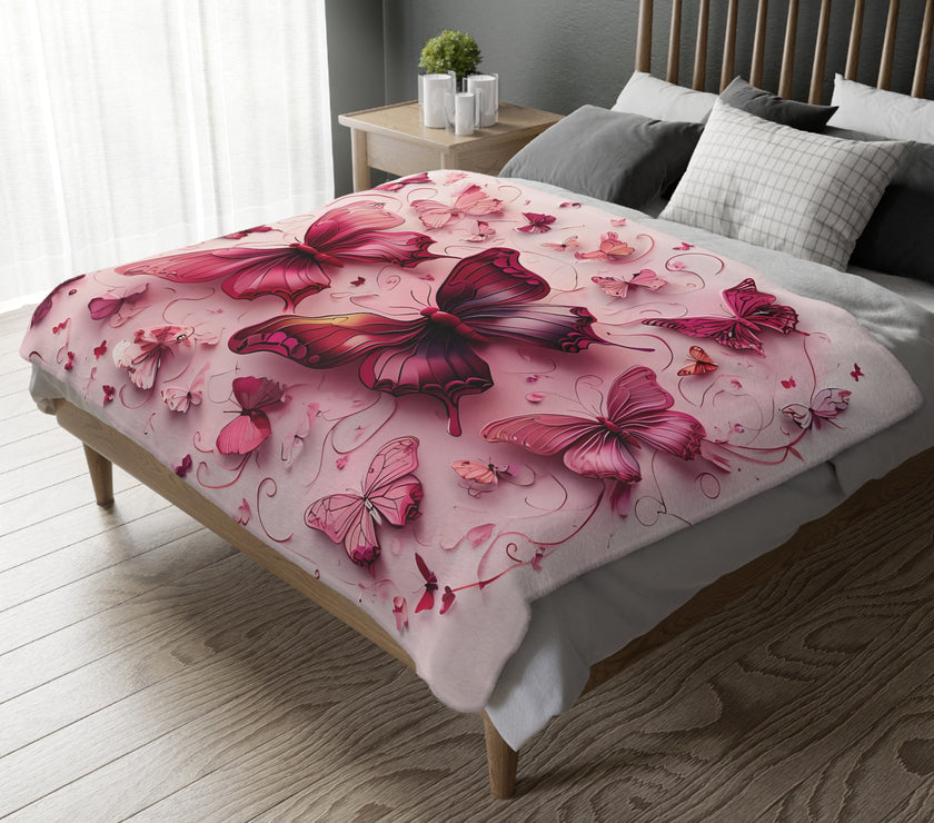 Pink Butterfly  Velveteen Microfiber Blanket (Two-sided print)