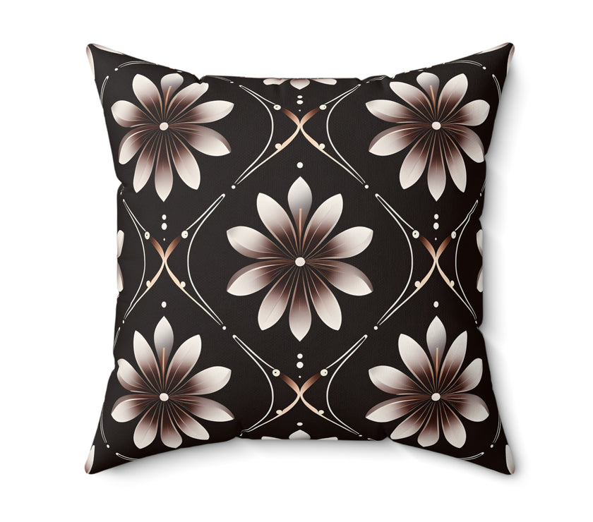 Black Floral Faux Suede Square Pillow