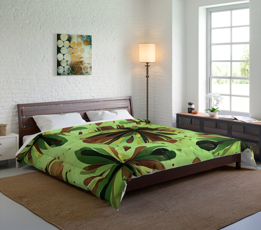 Eco-Friendly Floral Comforter, Nature-Inspired Bedding, Cozy Home Decor, Gift for Plant Lovers, Green and Brown Design