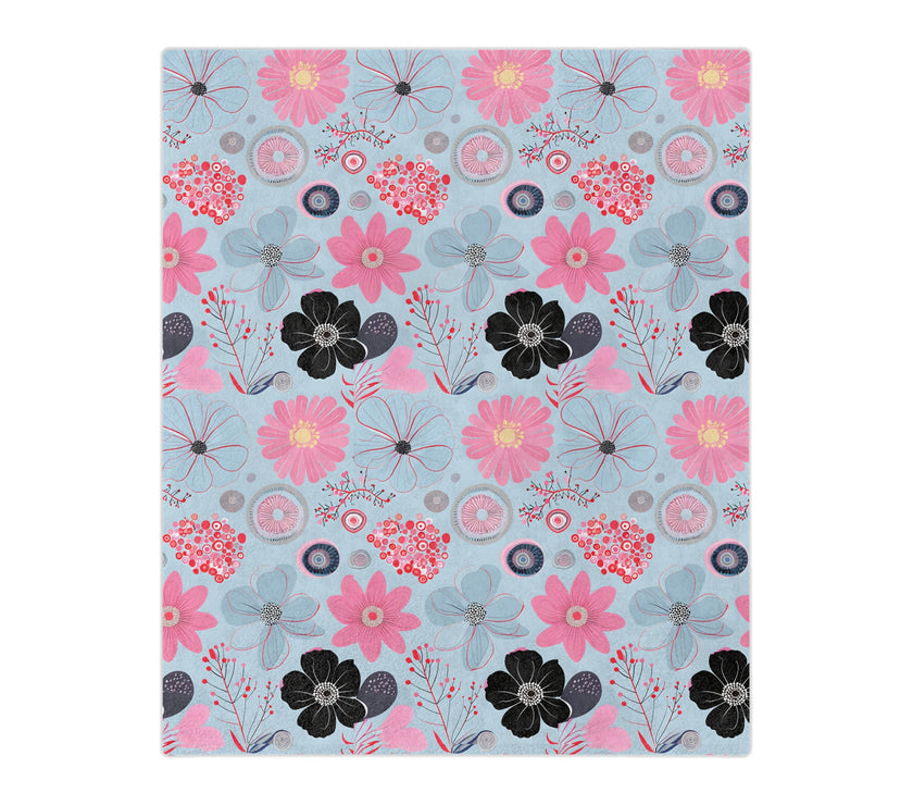 Blue, Pink Floral Velveteen Microfiber Blanket