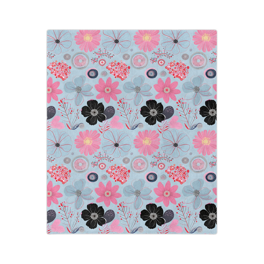 Blue, Pink Floral Velveteen Microfiber Blanket