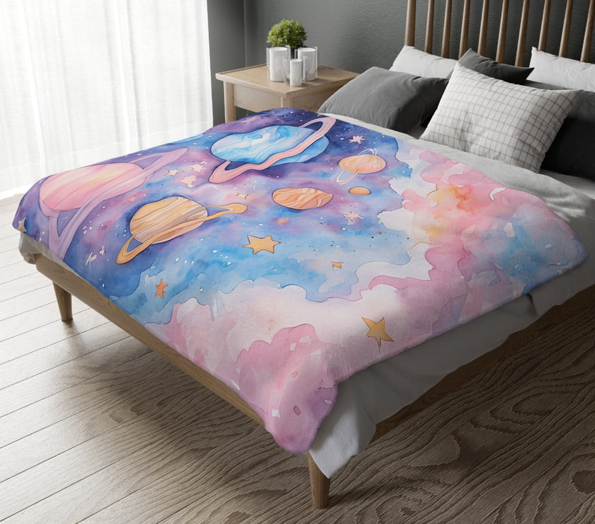 Kids Blanket, Velveteen Microfiber Blanket with Planet Moon and Stars Design - Two-sided Print, Children's Throw, Outer Space Bedding,