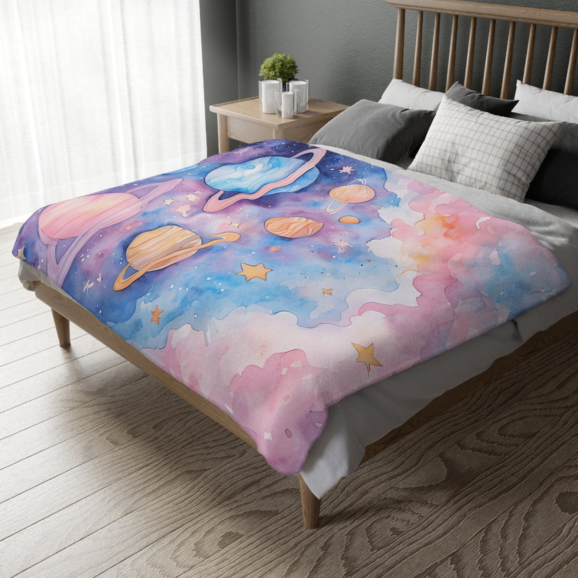 Kids Blanket, Velveteen Microfiber Blanket with Planet Moon and Stars Design - Two-sided Print, Children's Throw, Outer Space Bedding,