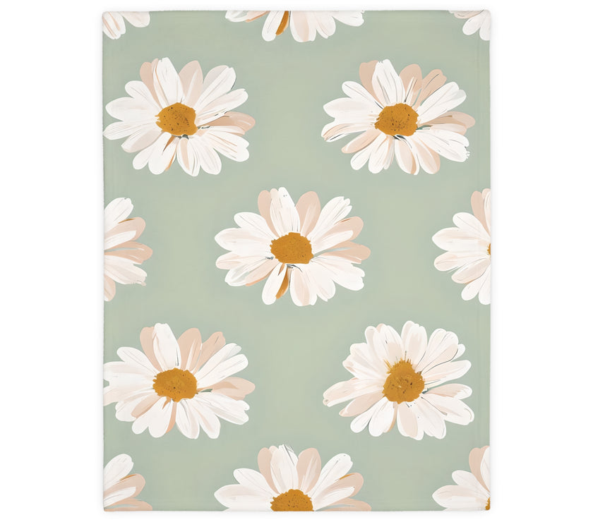 Velveteen Microfiber Blanket, White Daisies on Green - Floral Throw, Botanical Home Decor, Cozy Bedding, Gift for Nature Lovers, Double