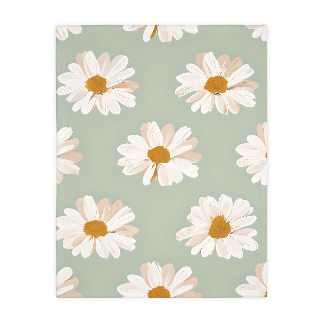 Velveteen Microfiber Blanket, White Daisies on Green - Floral Throw, Botanical Home Decor, Cozy Bedding, Gift for Nature Lovers, Double