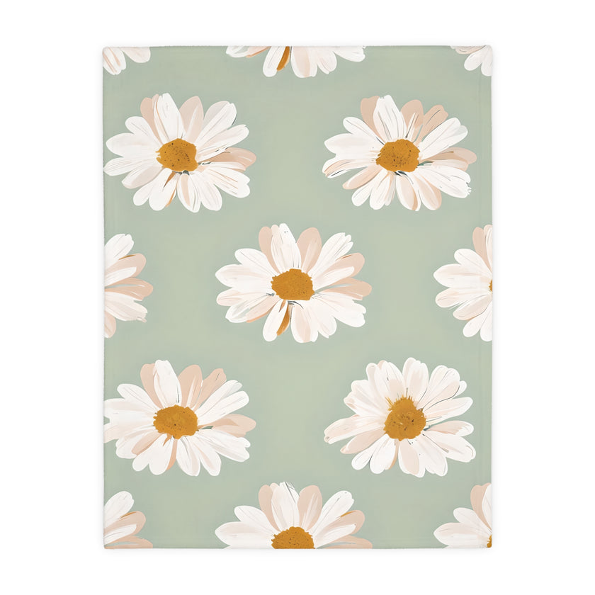Velveteen Microfiber Blanket, White Daisies on Green - Floral Throw, Botanical Home Decor, Cozy Bedding, Gift for Nature Lovers, Double