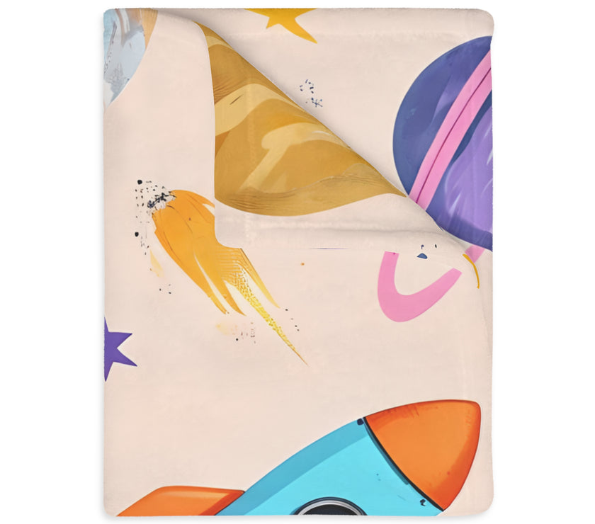 Kids Outer Space Spaceship Rocket Planet Velveteen Microfiber Blanket, Two-sided Print, Children's Bedroom Decor, Boys Girls Gift, Nursery