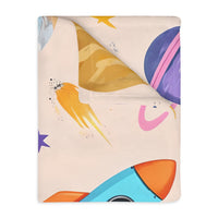 Kids Outer Space Spaceship Rocket Planet Velveteen Microfiber Blanket, Two-sided Print, Children's Bedroom Decor, Boys Girls Gift, Nursery