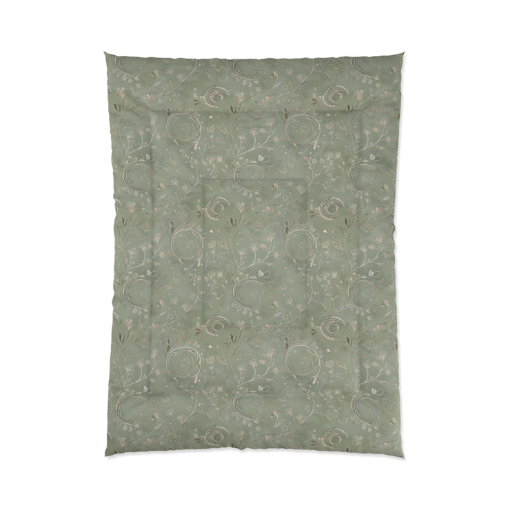 Boho Floral Comforter for Cozy Bedrooms, Vintage-Inspired Bedding, Home Decor, Gift for Her, Green Botanical Quilt