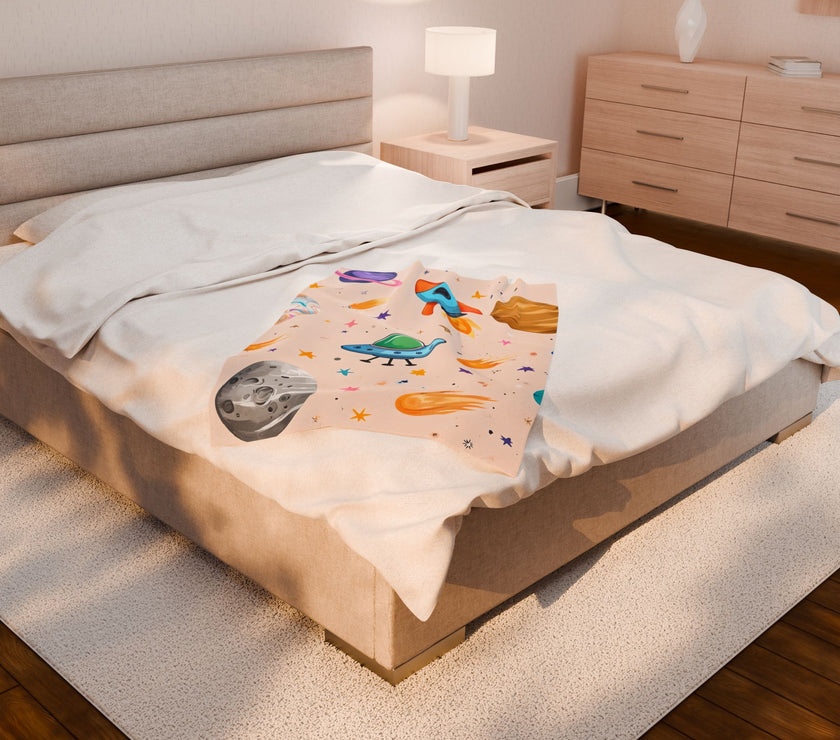 Kids Space Ship Rocket Moon Velveteen Plush Blanket - Children's Bedroom Decor, Outer Space Theme, Galaxy Nursery Bedding, Celestial Throw