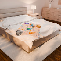 Kids Space Ship Rocket Moon Velveteen Plush Blanket - Children's Bedroom Decor, Outer Space Theme, Galaxy Nursery Bedding, Celestial Throw