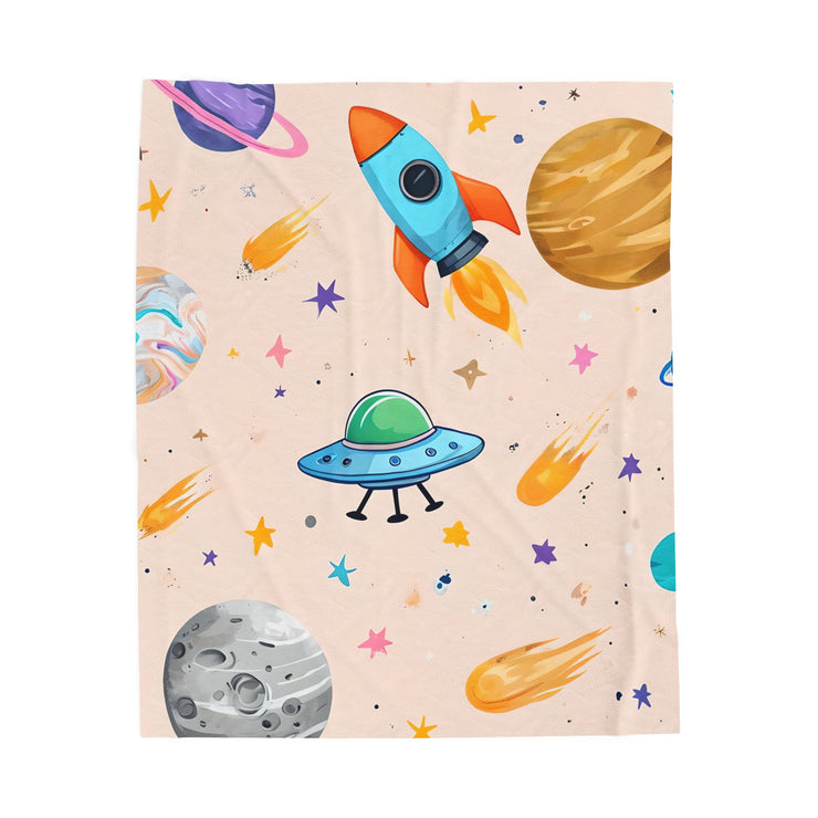 Kids Space Ship Rocket Moon Velveteen Plush Blanket - Children's Bedroom Decor, Outer Space Theme, Galaxy Nursery Bedding, Celestial Throw