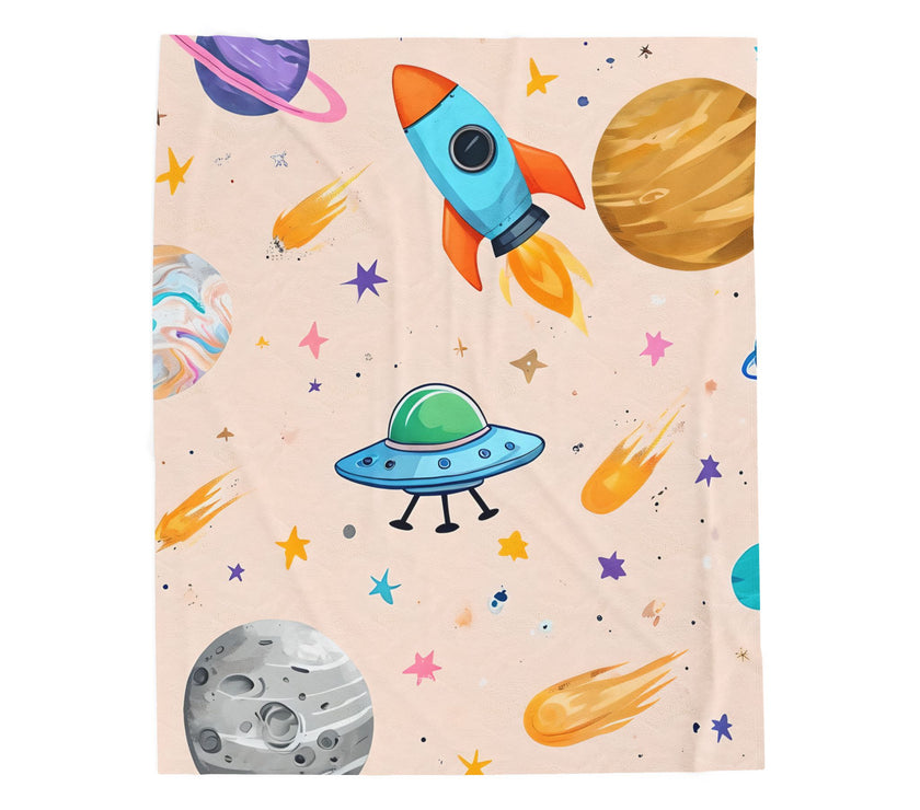 Kids Space Ship Rocket Moon Velveteen Plush Blanket - Children's Bedroom Decor, Outer Space Theme, Galaxy Nursery Bedding, Celestial Throw
