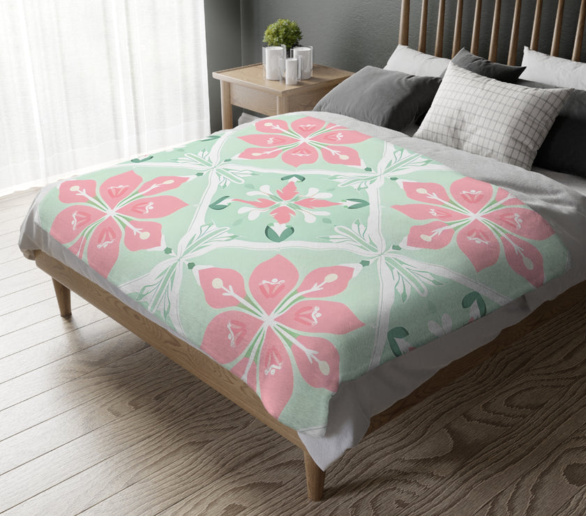 Green Pink Floral Velveteen Microfiber Blanket (Two-sided print)