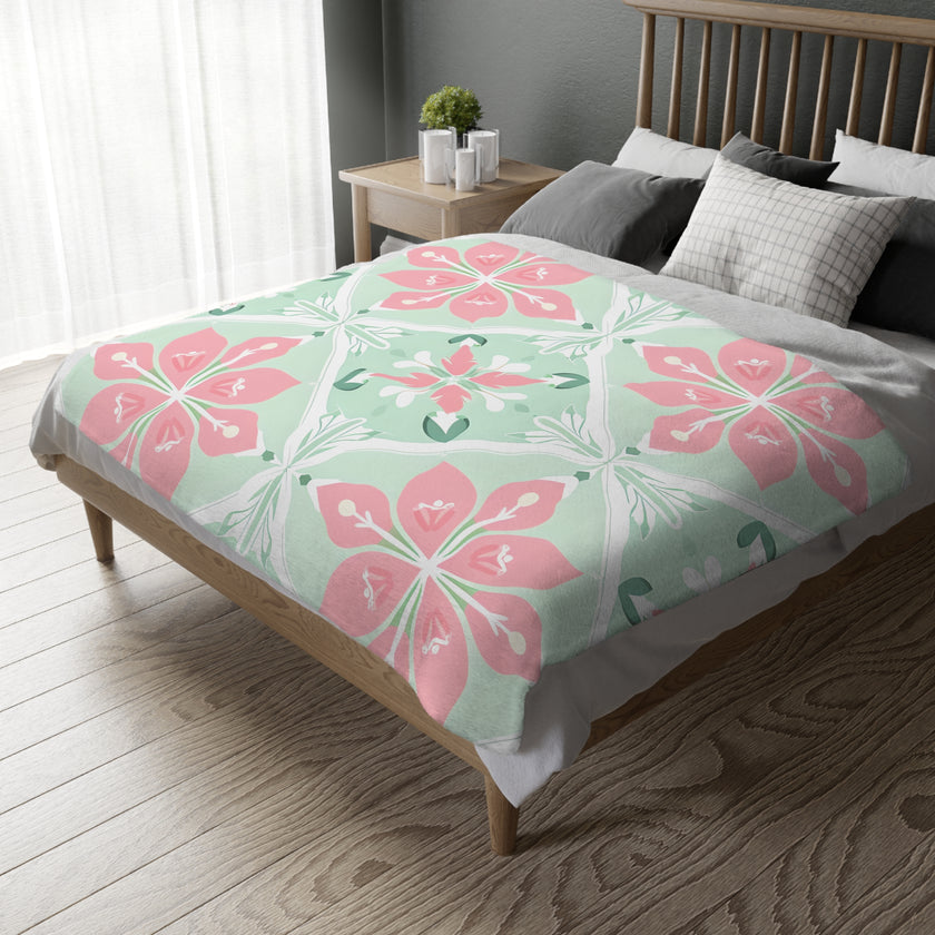 Green Pink Floral Velveteen Microfiber Blanket (Two-sided print)