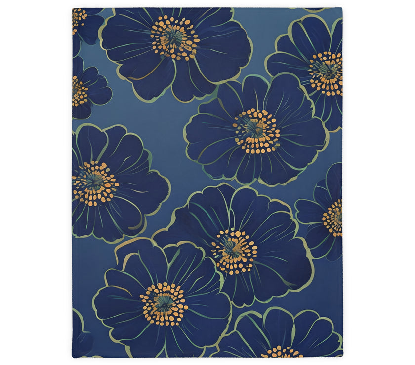 Blanket, Cozy Velveteen Microfiber Two-Sided Print Blue Floral Design - Throw, Bedding, Home Decor, Living Room Accent, Gift Idea