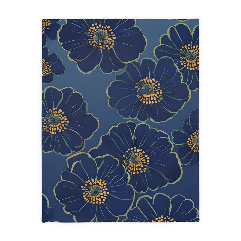 Blanket, Cozy Velveteen Microfiber Two-Sided Print Blue Floral Design - Throw, Bedding, Home Decor, Living Room Accent, Gift Idea