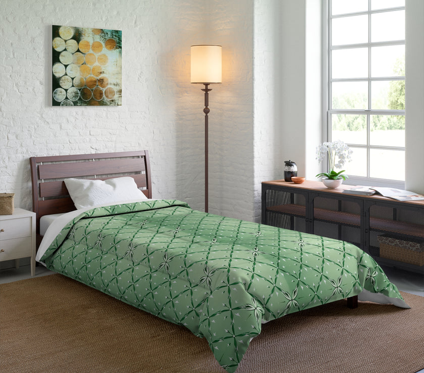 Botanical Green Quilt Comforter, Cozy Floral Pattern Blanket for Bedroom, Spring Decor, Home Warmth, Gift for Her