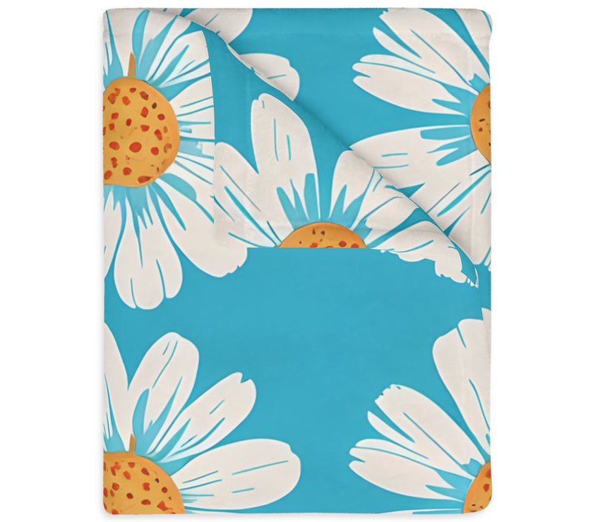 Velveteen Microfiber Blanket, White Daises on Blue Blanket, Floral Throw Blanket, Cozy Couch Blanket, Gift for Her, Home Decor Accent