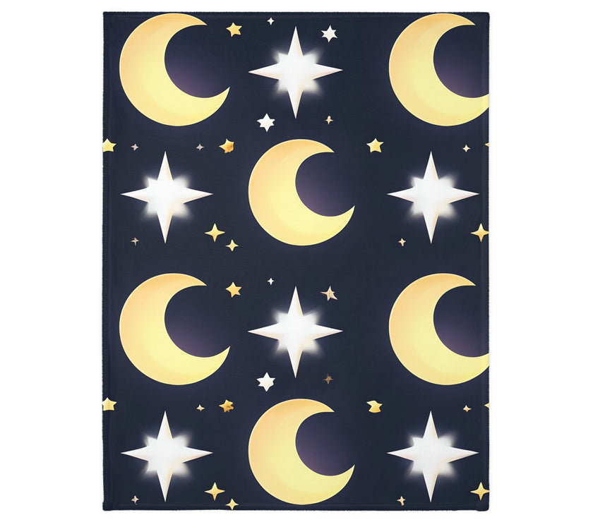 Blanket, Gold Moon and Stars Print, Soft Velveteen Microfiber Throw, Celestial Home Decor, Cozy Bedroom Accent, Night Sky Galaxy Design,