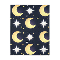 Blanket, Gold Moon and Stars Print, Soft Velveteen Microfiber Throw, Celestial Home Decor, Cozy Bedroom Accent, Night Sky Galaxy Design,