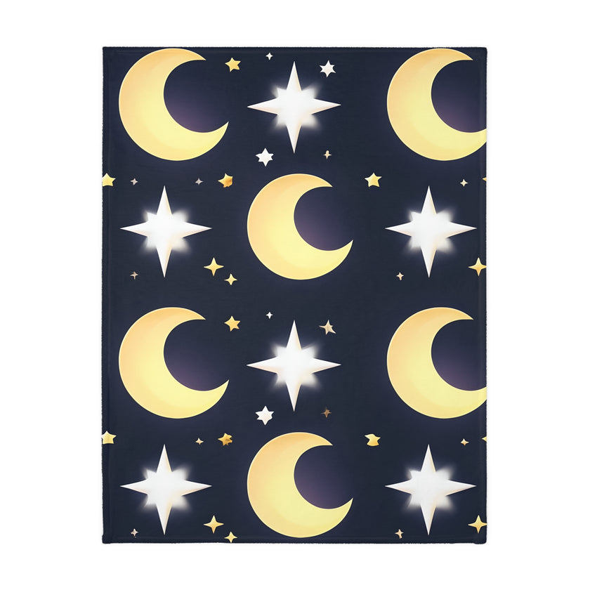 Blanket, Gold Moon and Stars Print, Soft Velveteen Microfiber Throw, Celestial Home Decor, Cozy Bedroom Accent, Night Sky Galaxy Design,
