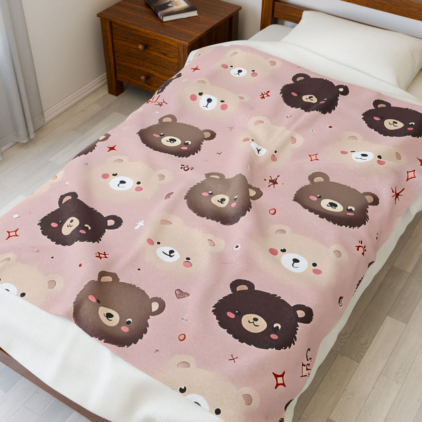 Kids Velveteen Plush Blanket, Pink Teddy Bear Soft Throw for Girls, Children's Gift, Nursery Decor, Cozy Bedding, Baby Shower Present
