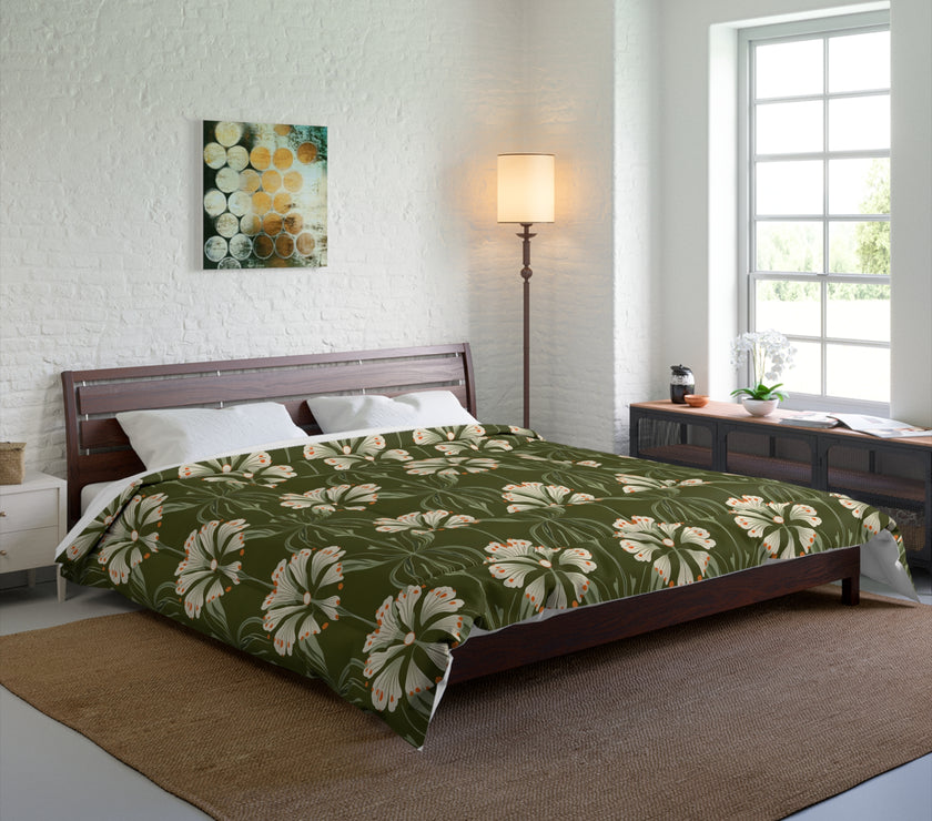 Botanical Floral Comforter, Cozy Bedding for Home Decor, Green Flower Design, Eco-Friendly Gift, Spring & Summer Style