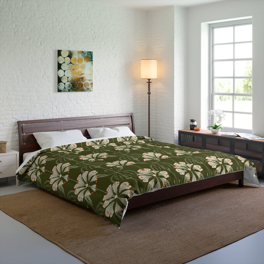 Botanical Floral Comforter, Cozy Bedding for Home Decor, Green Flower Design, Eco-Friendly Gift, Spring & Summer Style