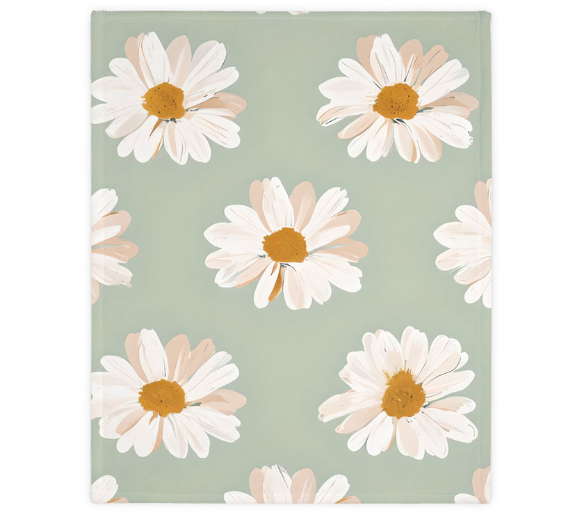 Velveteen Microfiber Blanket, White Daisies on Green - Floral Throw, Botanical Home Decor, Cozy Bedding, Gift for Nature Lovers, Double