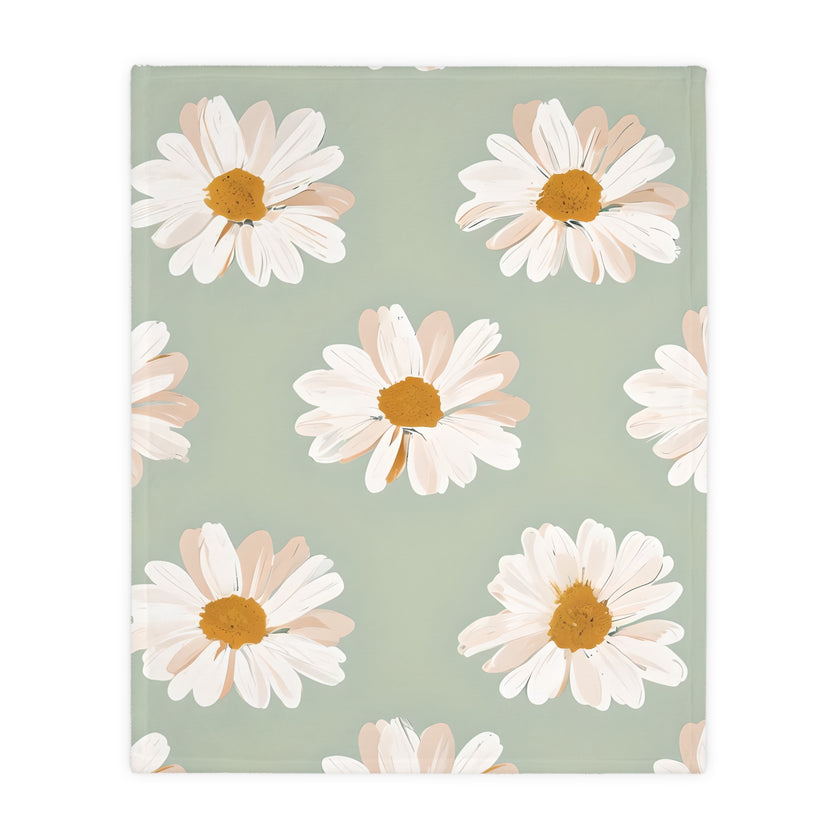 Velveteen Microfiber Blanket, White Daisies on Green - Floral Throw, Botanical Home Decor, Cozy Bedding, Gift for Nature Lovers, Double