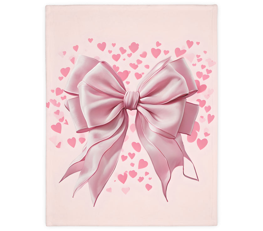 Pink Bow . Pink Heart Velveteen Microfiber Blanket (Two-sided print)